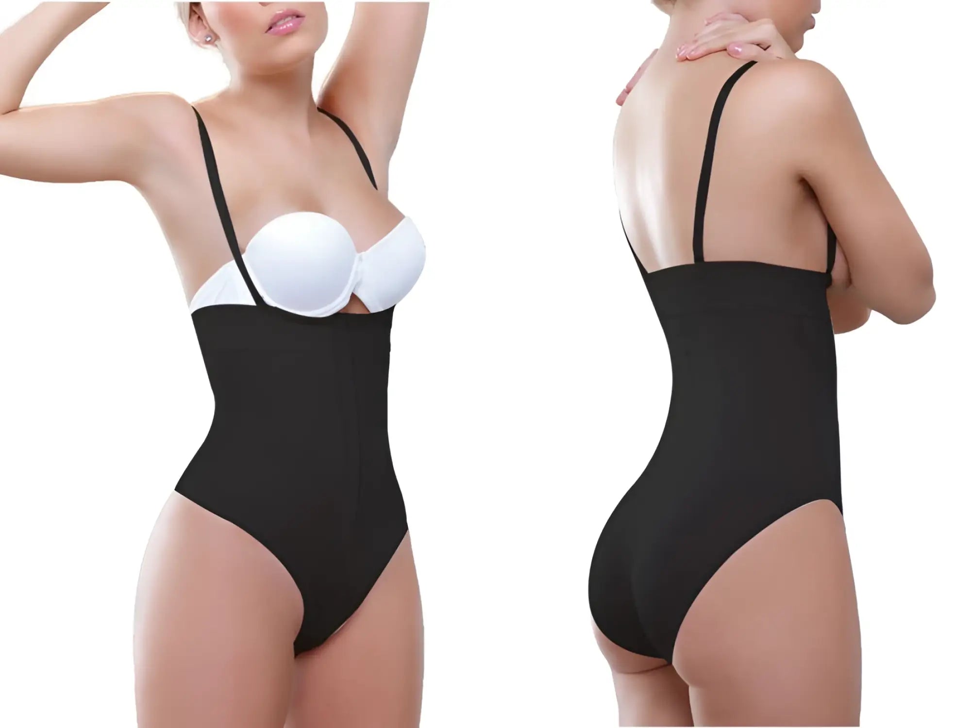 Black vedette 905 anastasia strapless waist nipper shapewear bodysuit with thin straps and white underwire bra insert