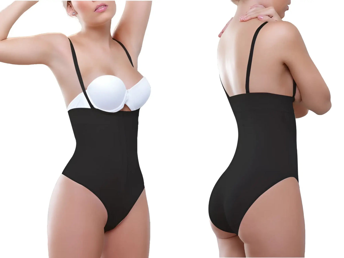 Black vedette 905 anastasia strapless waist nipper shapewear bodysuit with thin straps and white underwire bra insert