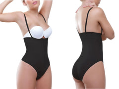 Black vedette 905 anastasia strapless waist nipper shapewear bodysuit with thin straps and white underwire bra insert