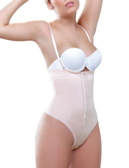 Beige vedette 906 julie strapless thong shapewear with white underwire bra and front zipper closure in nude color