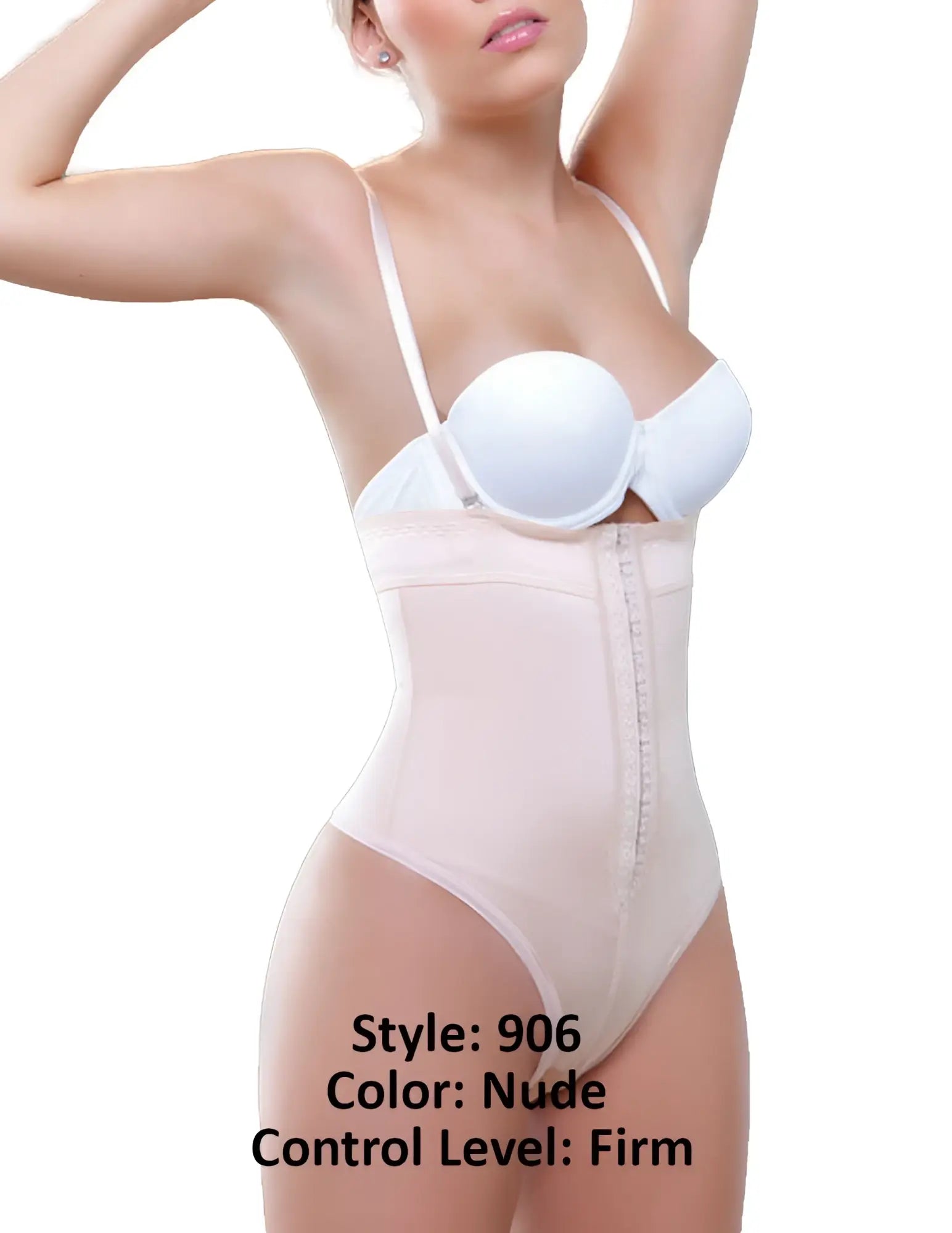 Nude vedette 906 julie strapless thong shapewear with firm-control waist shaper and white underwire bra cups with zipper closure