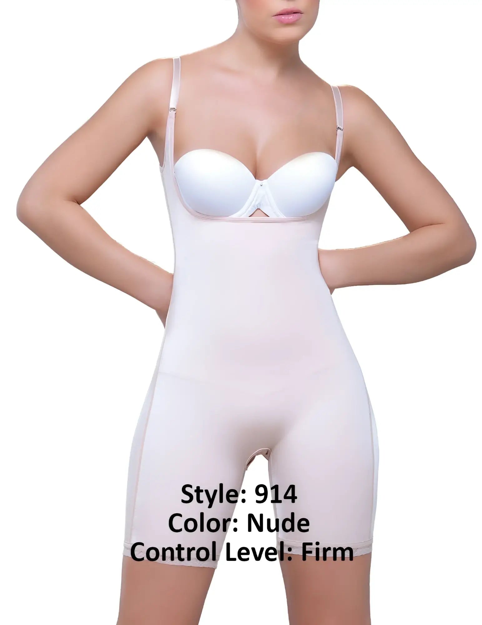 Nude-colored vedette 914 amelie open bottom mid thigh firm-control shapewear bodysuit with thin straps and built-in white bra