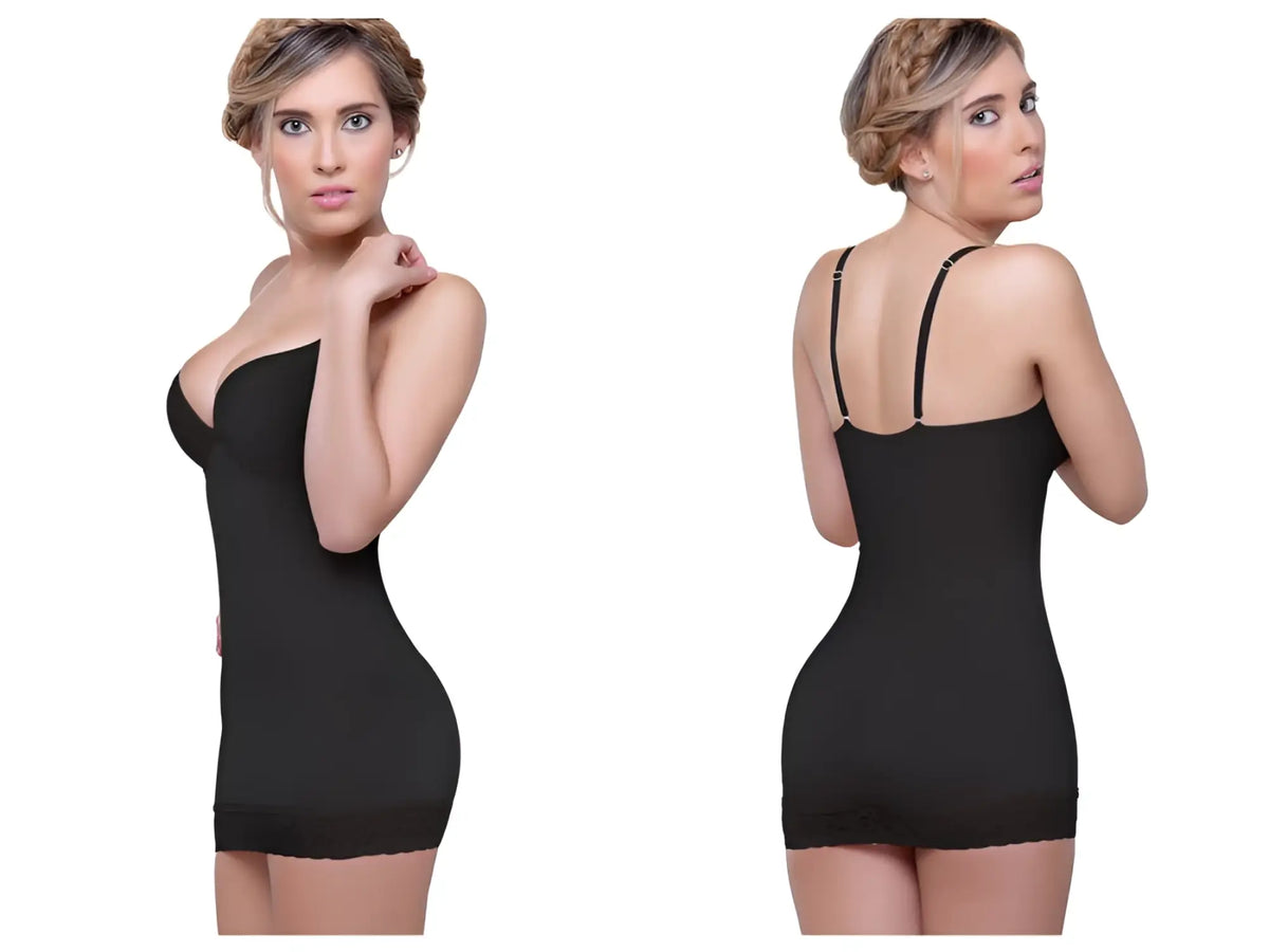 Black vedette 917 abella shaping skirt bodysuit with thin spaghetti straps and fitted seamless bodycon silhouette