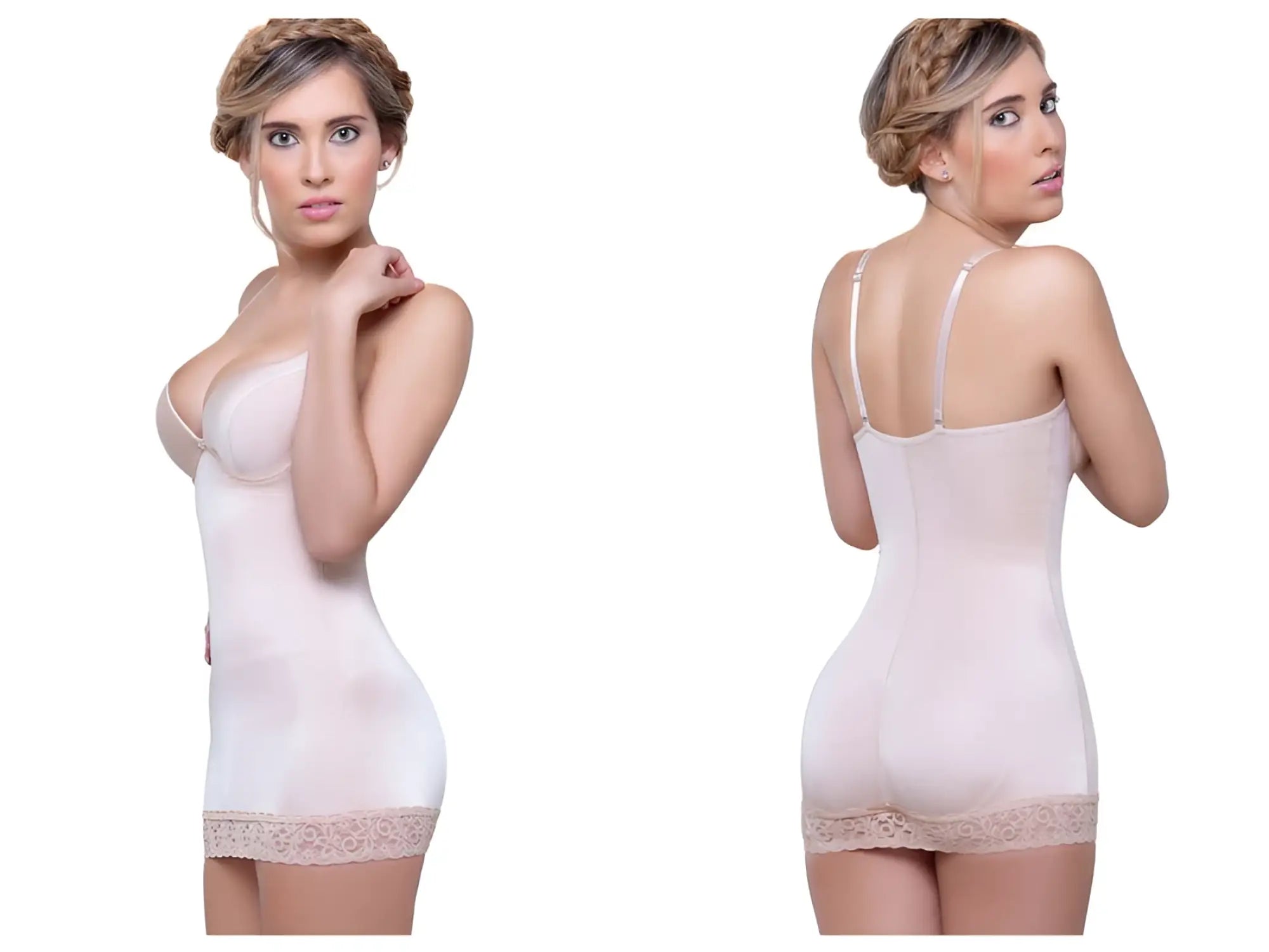 Vedette 917 abella nude shaping skirt bodysuit with bra featuring a nude body shaper dress with lace hemline