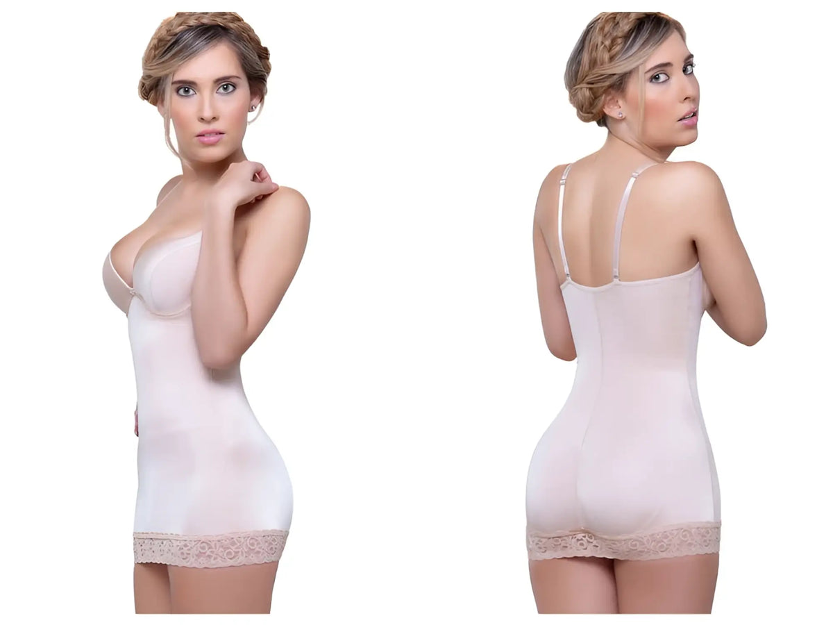 Vedette 917 abella nude shaping skirt bodysuit with bra featuring a nude body shaper dress with lace hemline