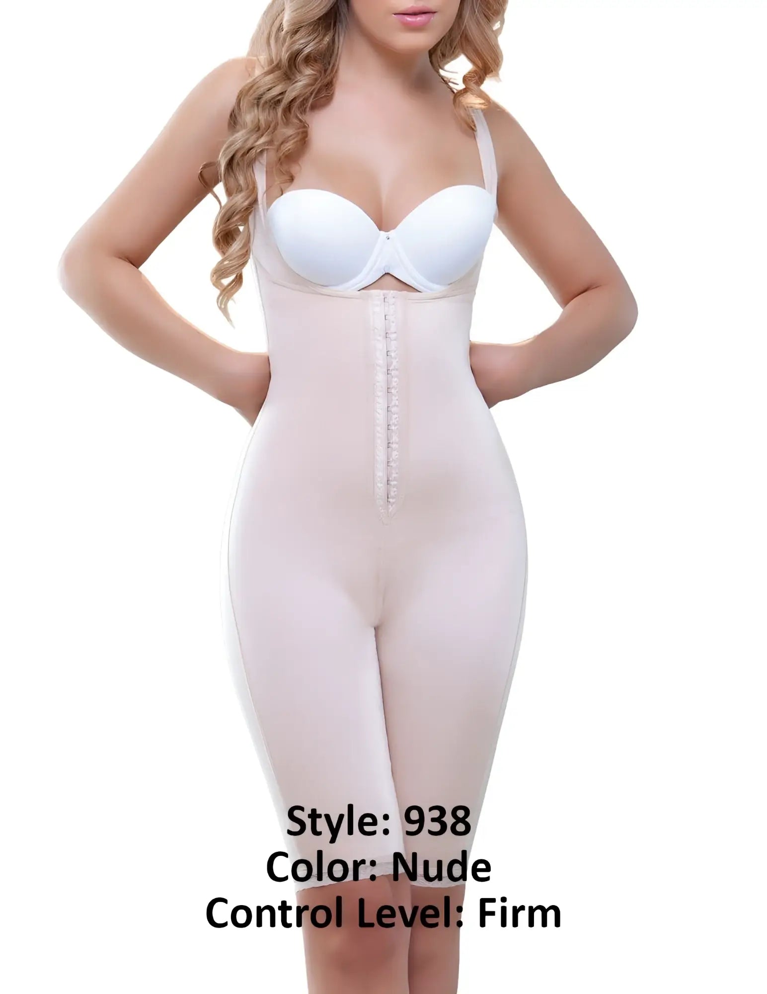 Nude-colored vedette 938 full body control suit with front zipper thin shoulder straps and firm shaping material