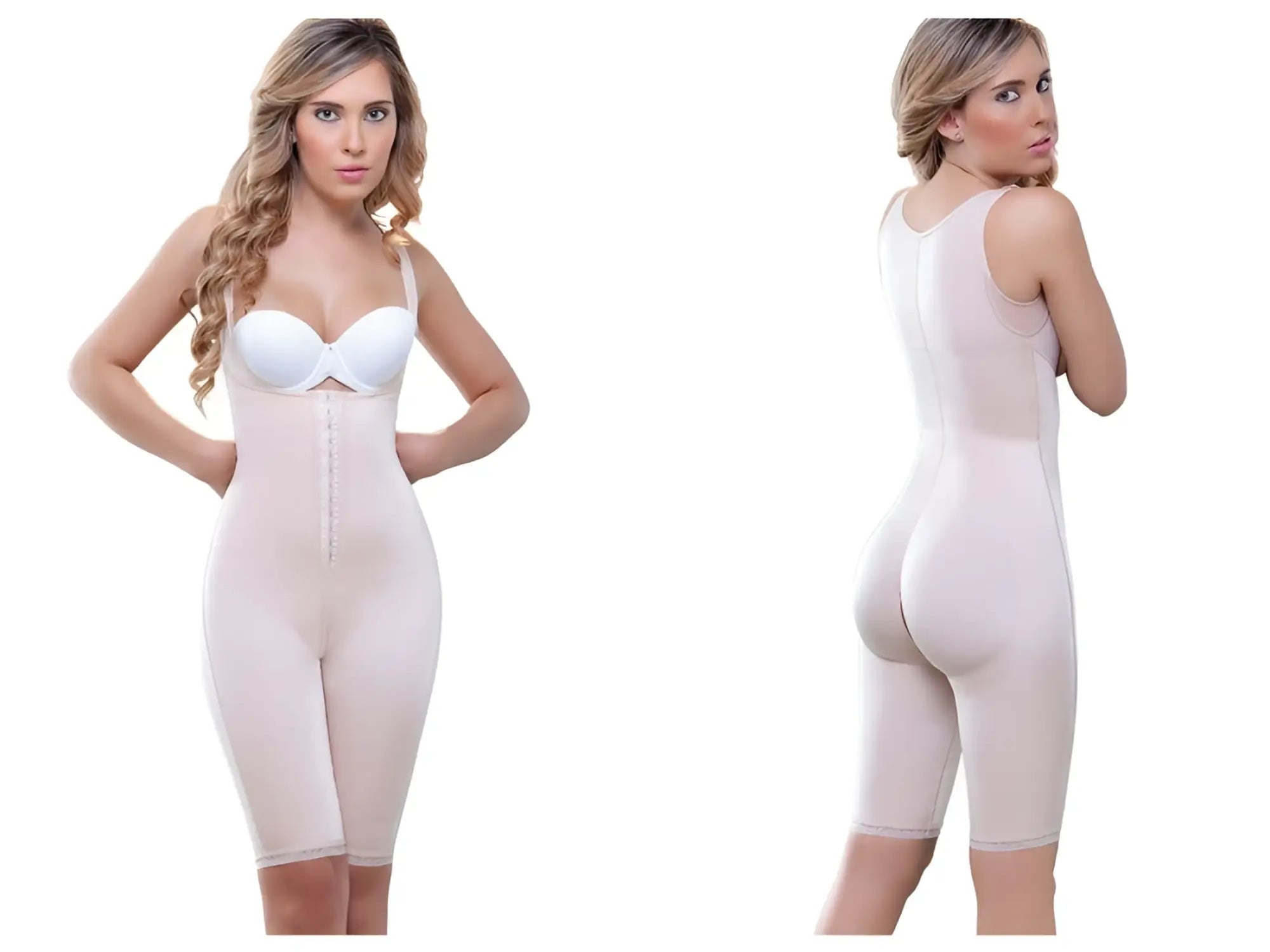Vedette 938 full body control suit in nude seamless material with front zipper and adjustable straps for shaping