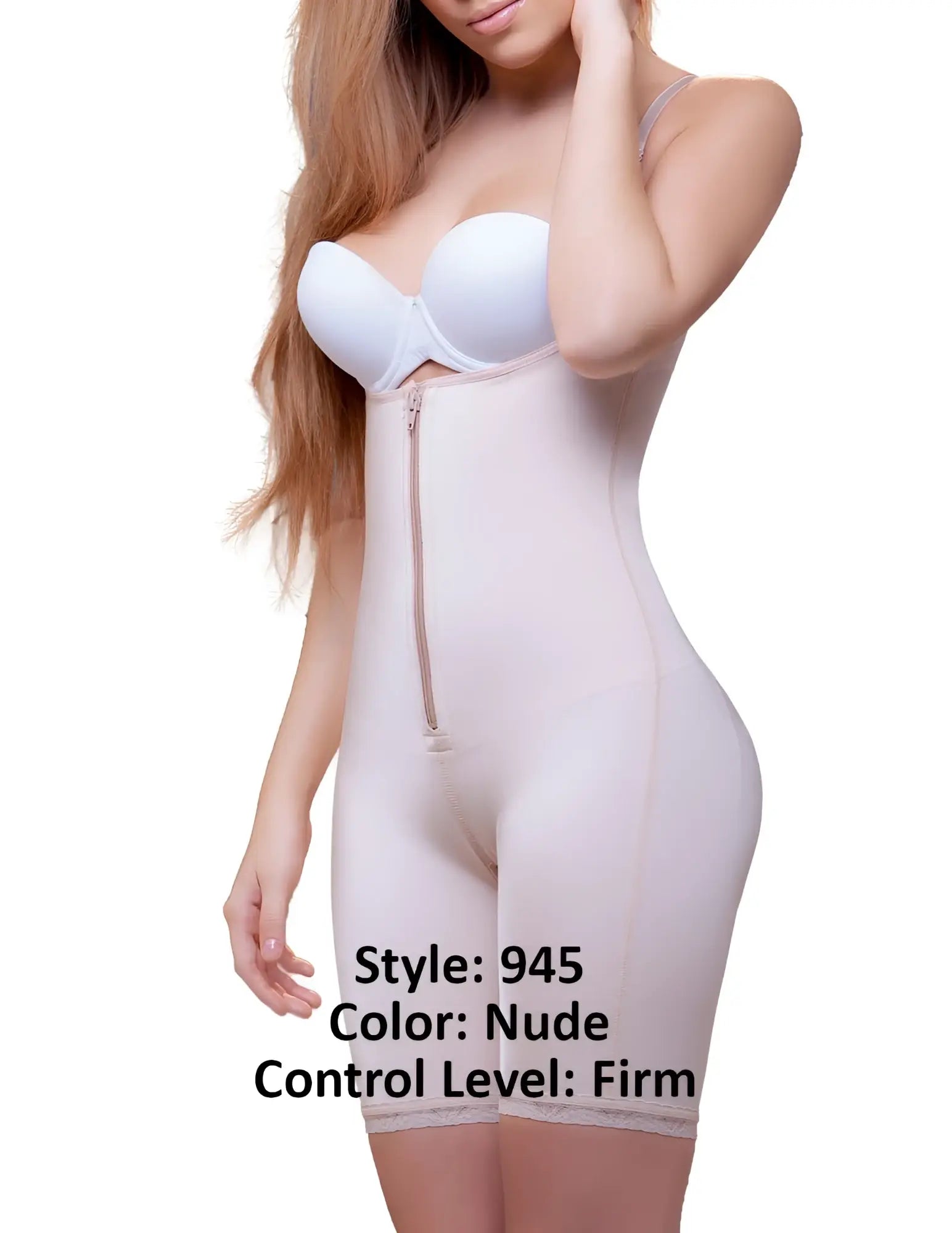 Nude vedette 945 jiselle firm control seamless body shaper with front zipper and mid thigh length