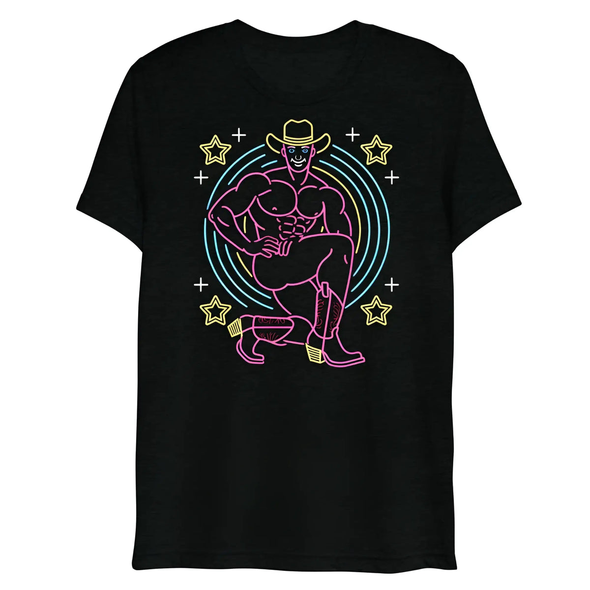 Black cotton t-shirt featuring a neon-style graphic of a muscular cowboy with stars and concentric circles titled vegas rick