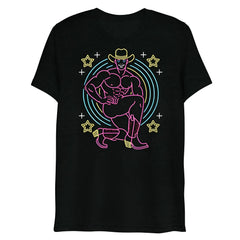 Black cotton t-shirt featuring a neon-style graphic of a muscular cowboy with stars and concentric circles titled vegas rick