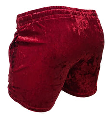 Velvet pocket shorts in rich burgundy with plush textured fabric and elastic waistband for comfortable wear