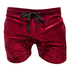 Velvet pocket shorts in rich red velvet with a black drawstring waistband for comfortable casual wear