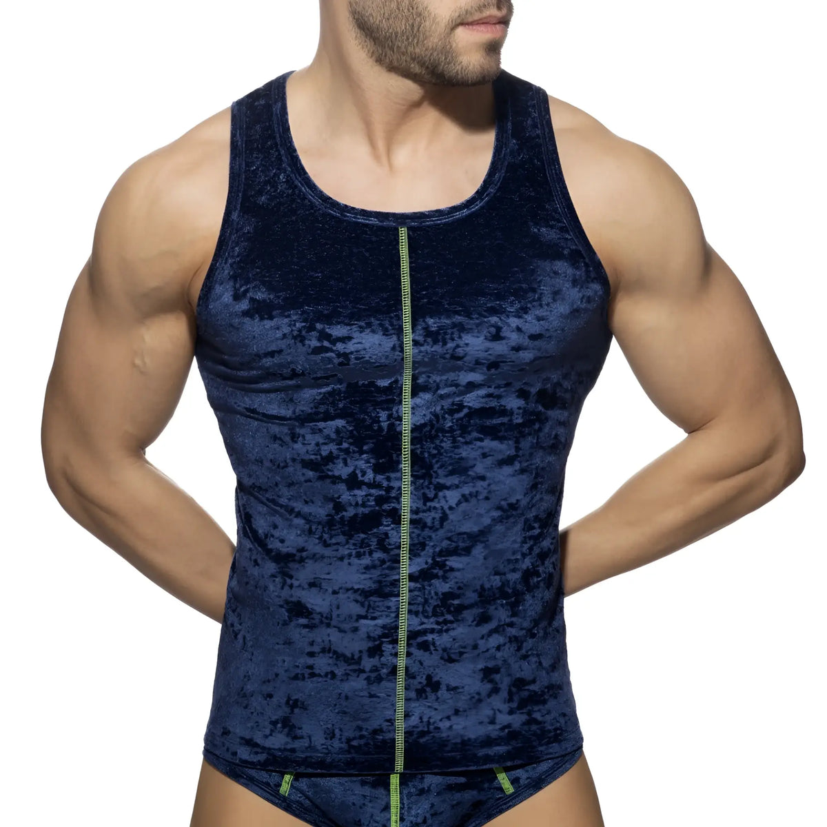 Deep blue velvet shady tank top with a contrasting lime green zipper down the front for stylish casual wear
