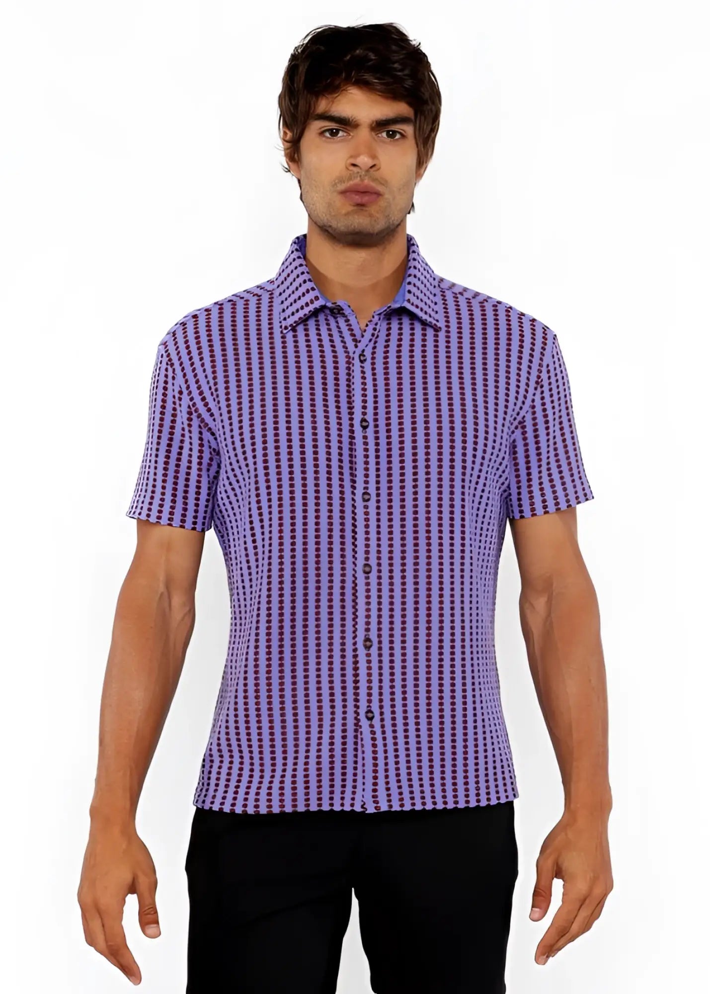 Purple and dark purple vertical stripe open stretch knit short-sleeved button-up shirt with front view