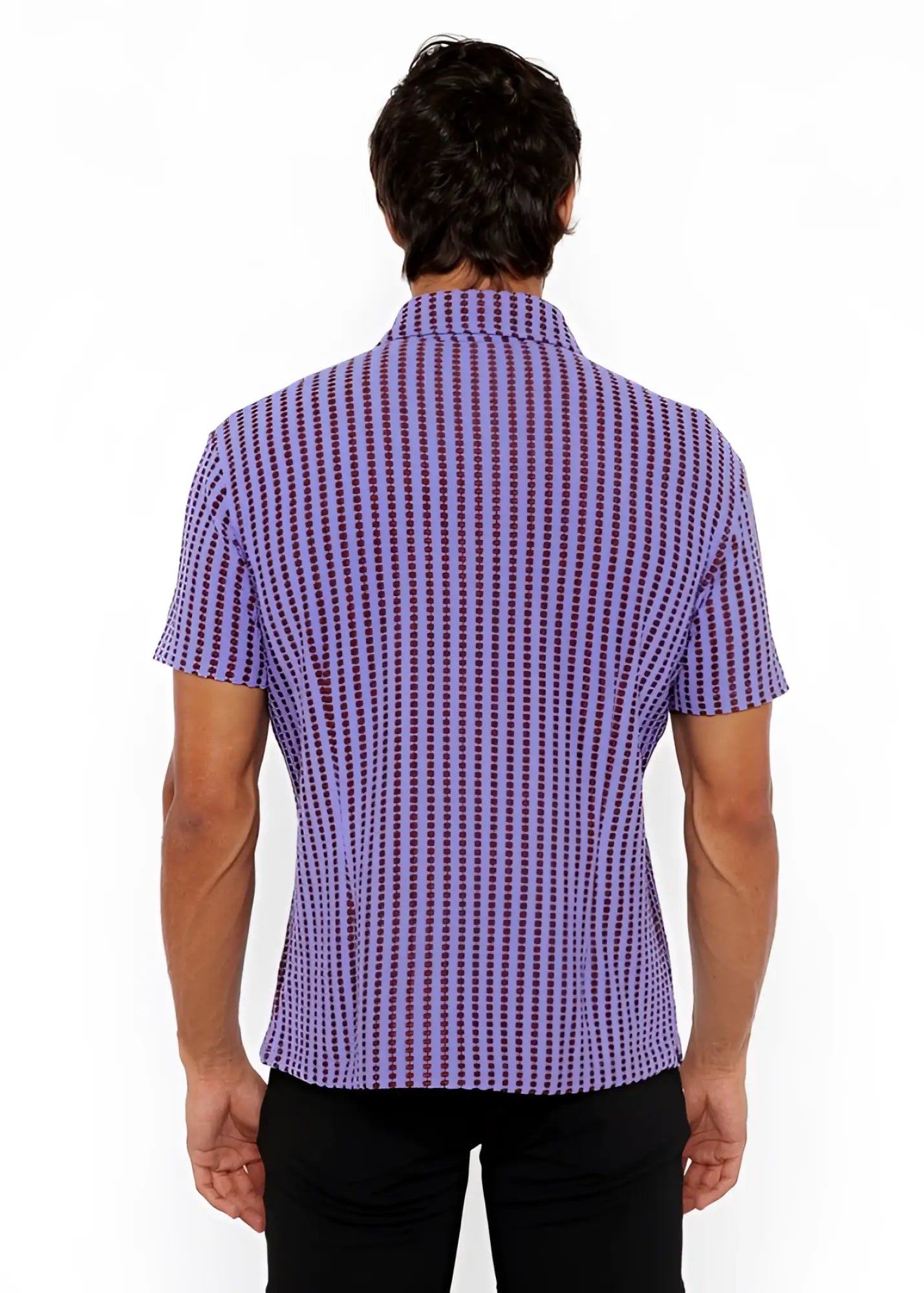 Purple and dark purple striped short-sleeved vertical stripe open stretch knit shirt with textured weave