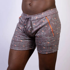 Gray vintage stripes linen texture shorts with subtle pattern small orange fish motifs adjustable drawstring waistband