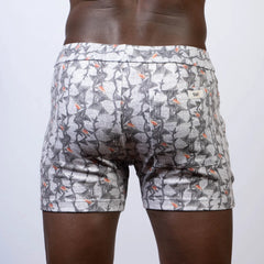 Vintage stripes linen texture shorts in gray and white with a subtle orange accent and elastic waistband