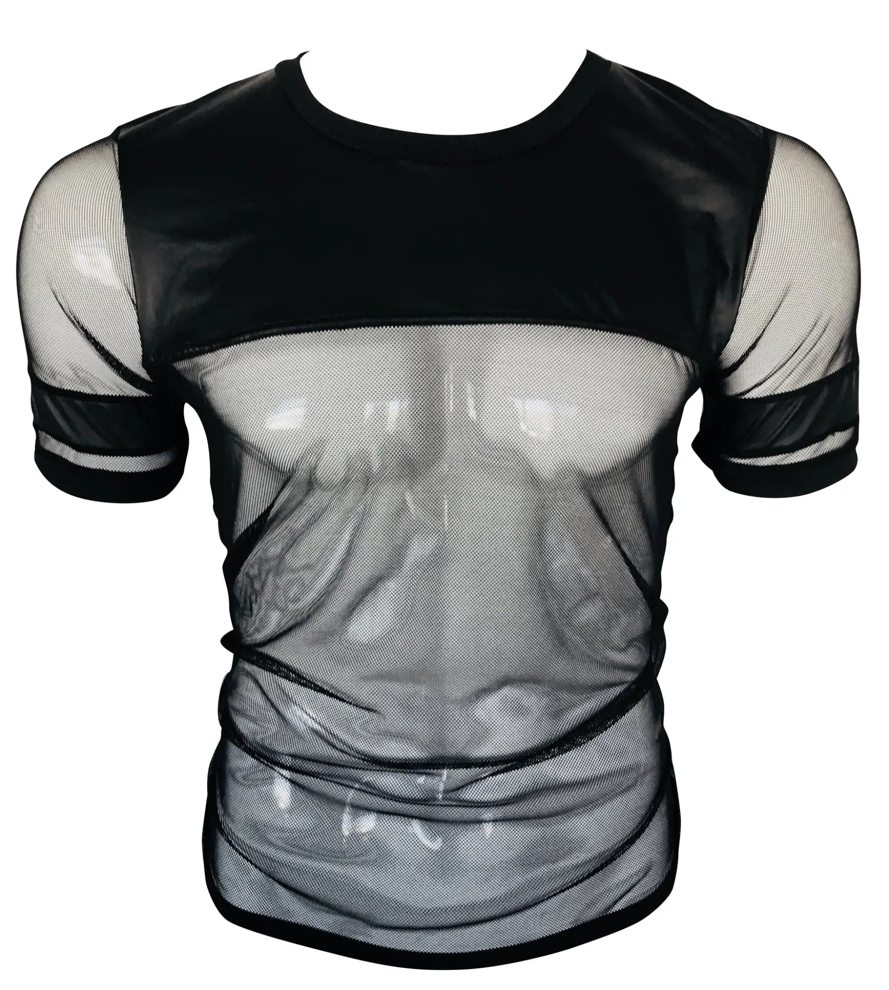 Black vinyl and mesh tee with short sleeves sheer panels and solid black trim for a stylish look