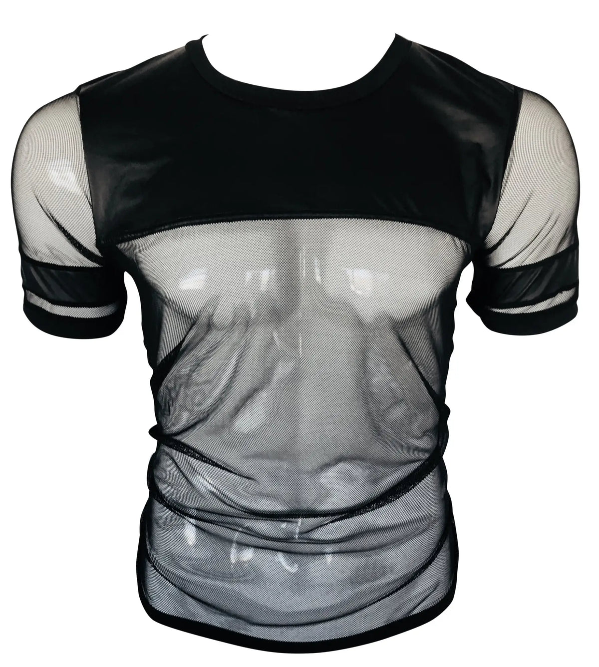 Black vinyl and mesh tee with short sleeves sheer panels and solid black trim for a stylish look