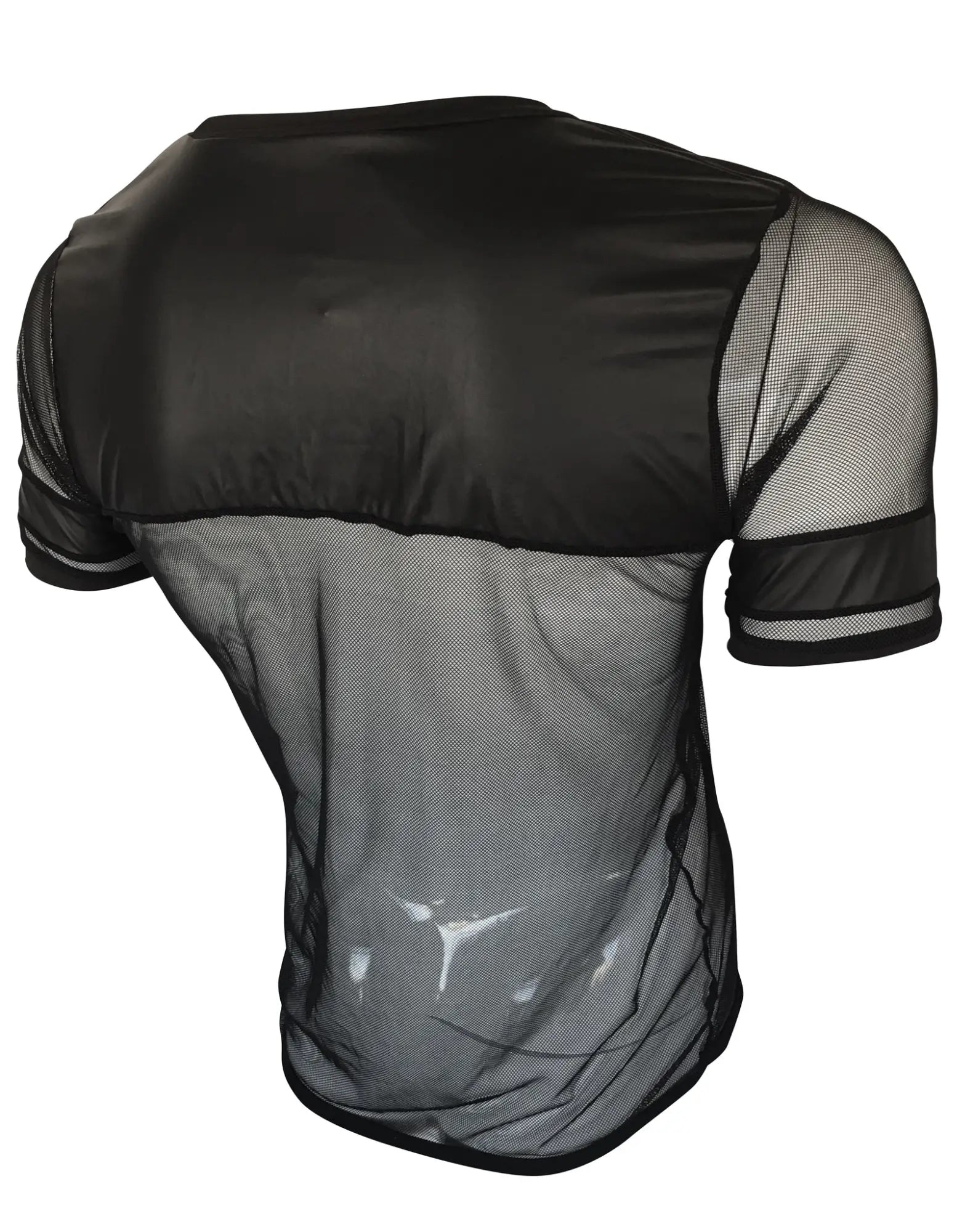Black mesh vinyl and mesh tee showing back with short sleeves and solid black panel across shoulders and upper back