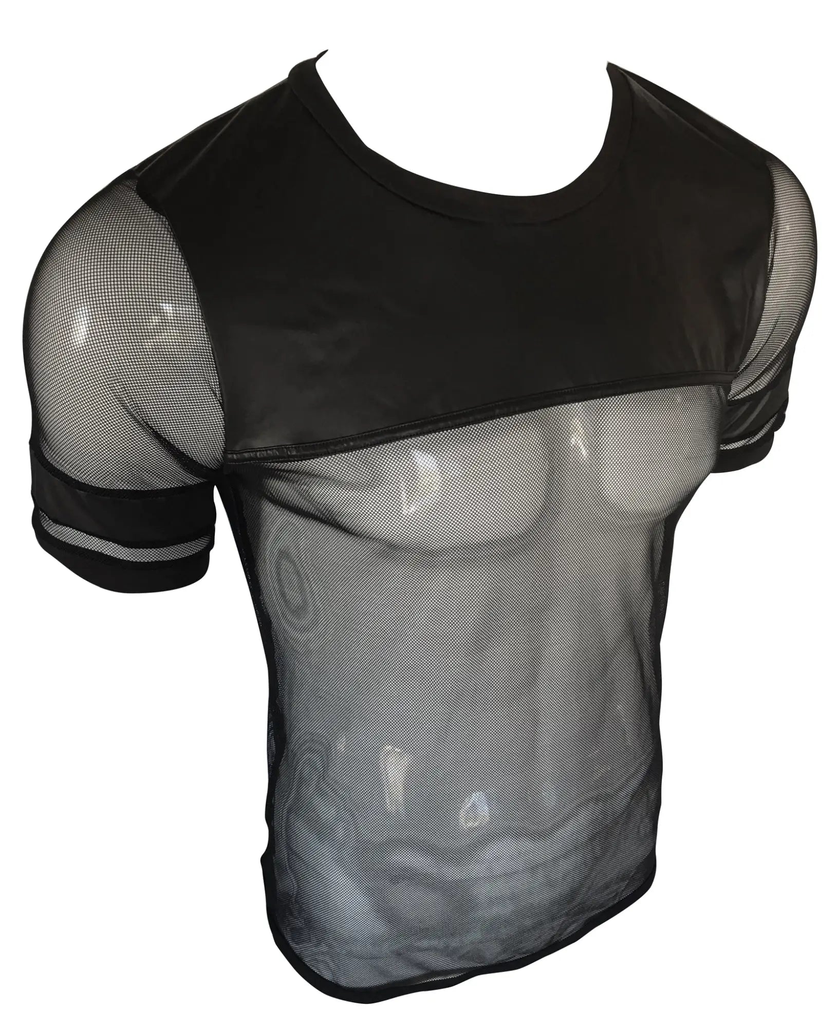 Black vinyl and mesh tee with short sleeves featuring a solid black panel across the chest and shoulders