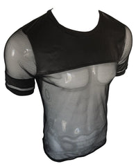 Black vinyl and mesh tee with short sleeves featuring a solid black panel across the chest and shoulders