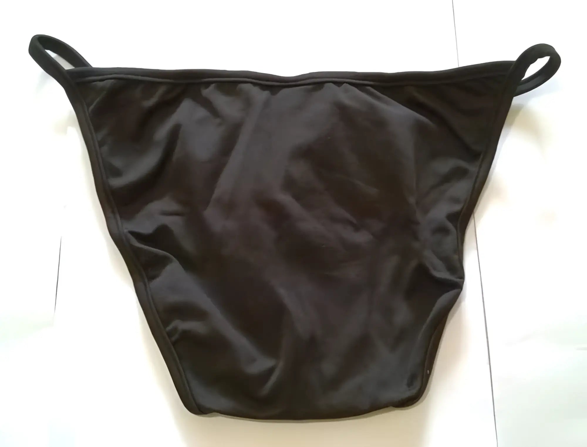 Black satin-like briefs with elastic waistband and leg openings from vizeau strapwork bikini swimwear black size s