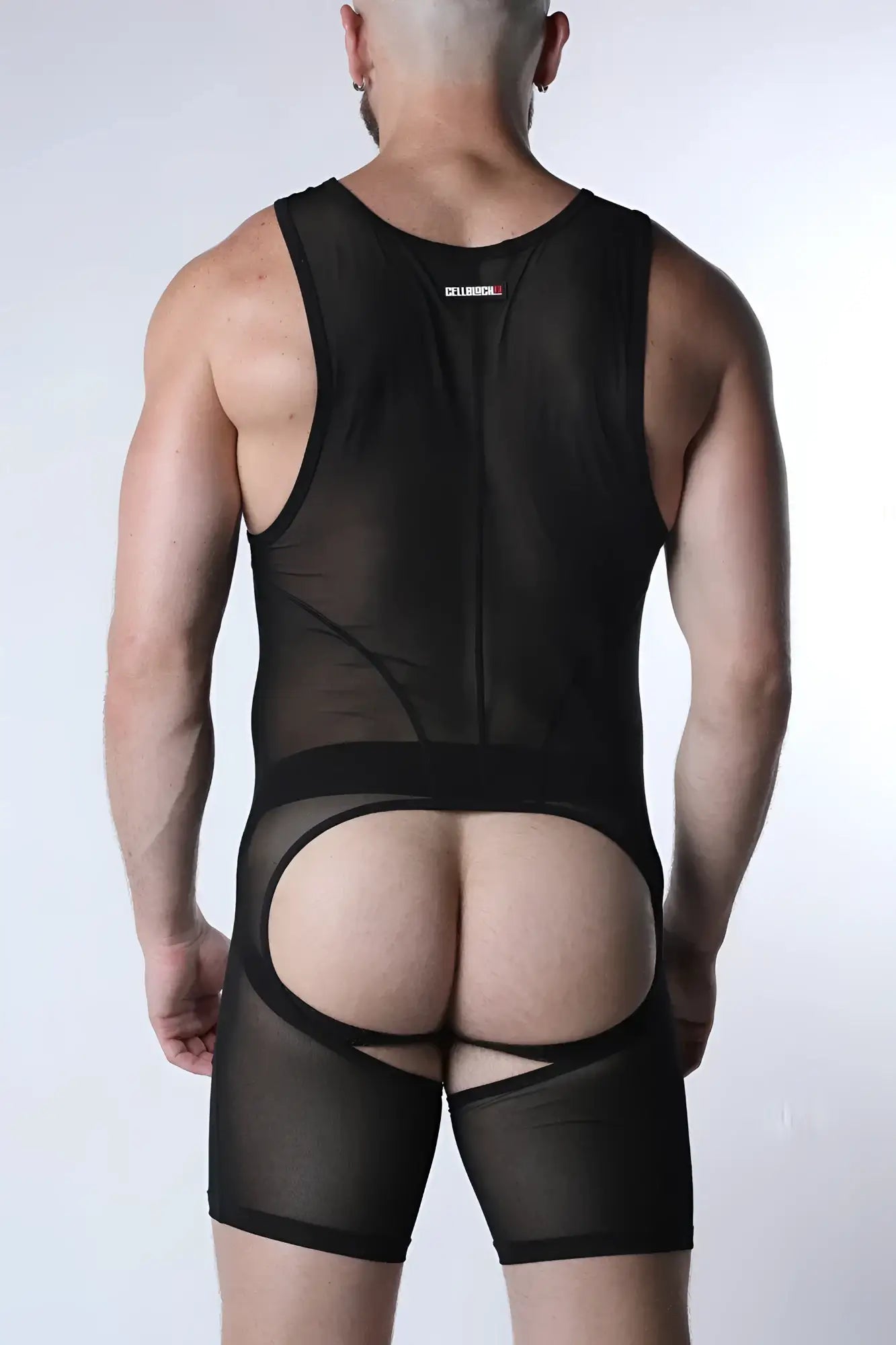 Back view of void mesh body suit black sheer mesh bodysuit with bold rear cutout and reinforced elastic waistband