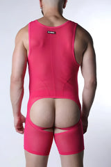 Bright pink sheer mesh void mesh bodysuit back side showing distinctive rear cutout design
