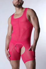 Void mesh body suit in vibrant fuchsia sheer mesh with cutout design and convenient side pockets