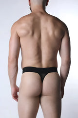 Black sheer mesh thong with solid waistband void mesh thong shown from the back side
