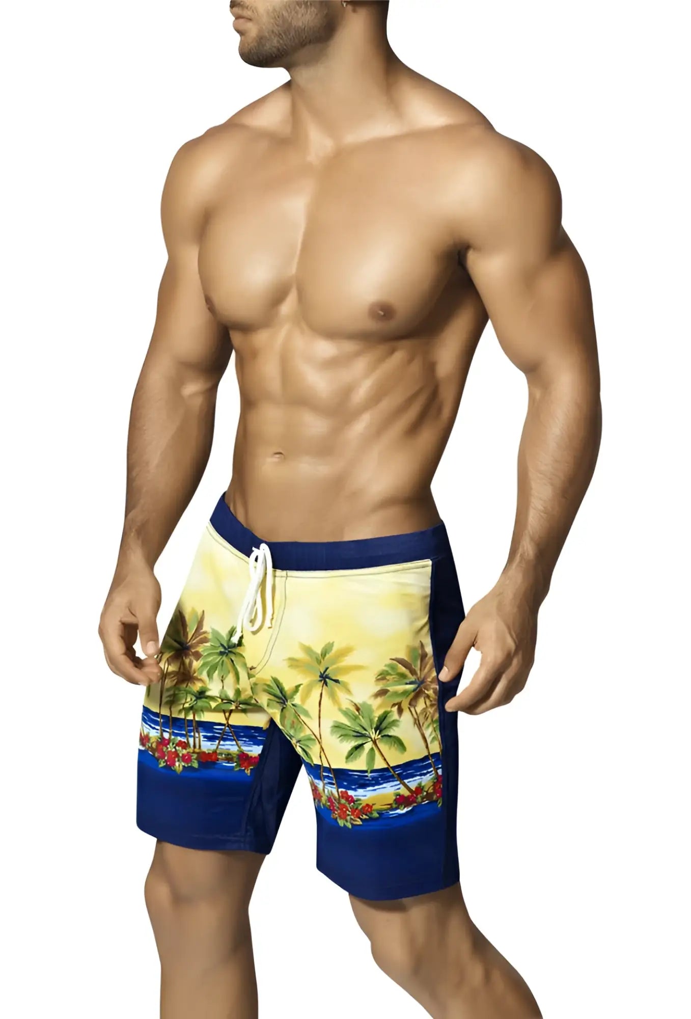 Men’s vuthy palm tree boardshorts with yellow and blue tropical pattern and navy blue waistband size m