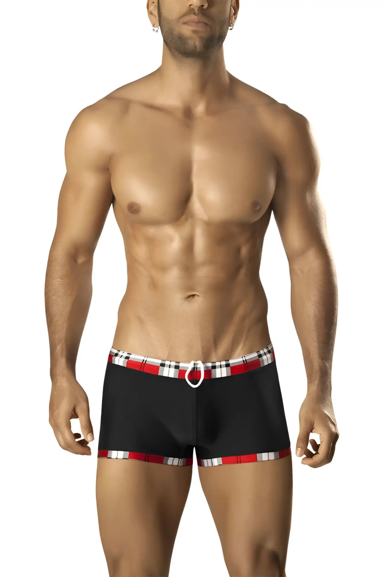 Black vuthy swim trunks with red and white plaid waistband and leg trim featuring a white circular belt loop size xl