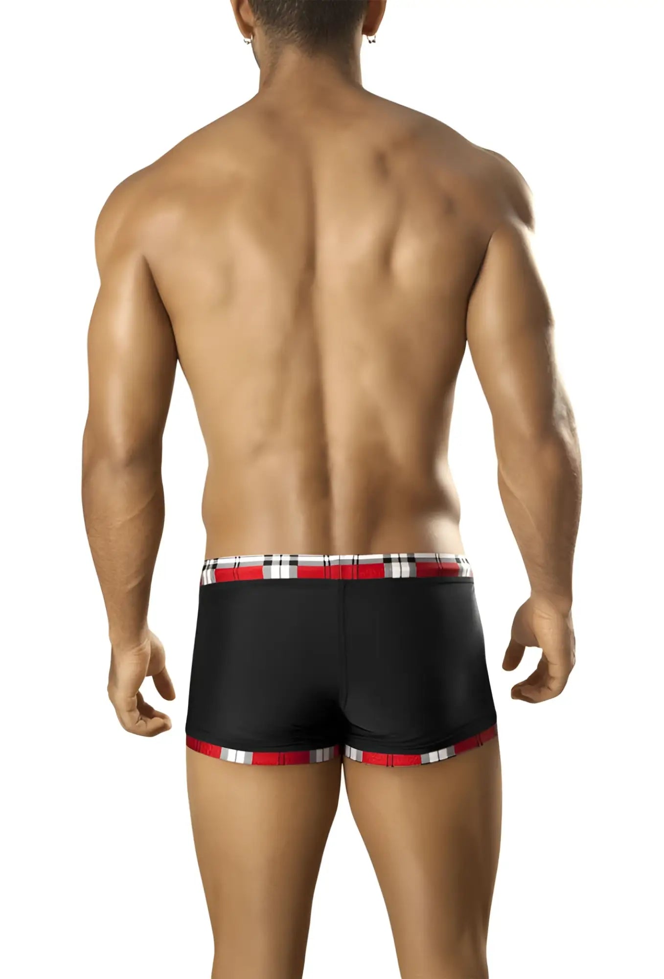 Black vuthy plaid contrast waistband and leg trim square cut trunk swimwear with red and white plaid trim size XL
