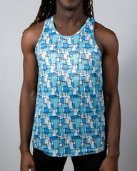 A men’s wallpaper print tank with a vibrant blue geometric pattern of squares and rectangles on a white background