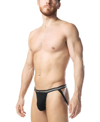Black warm up jockstrap athletic briefs with white and gold trim and nastypig branded waistband