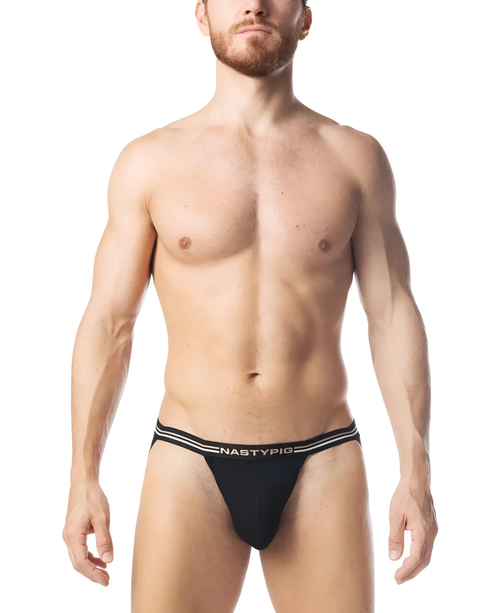Black nastypig warm up jockstrap briefs with white striped trim designed for athletic support and comfort