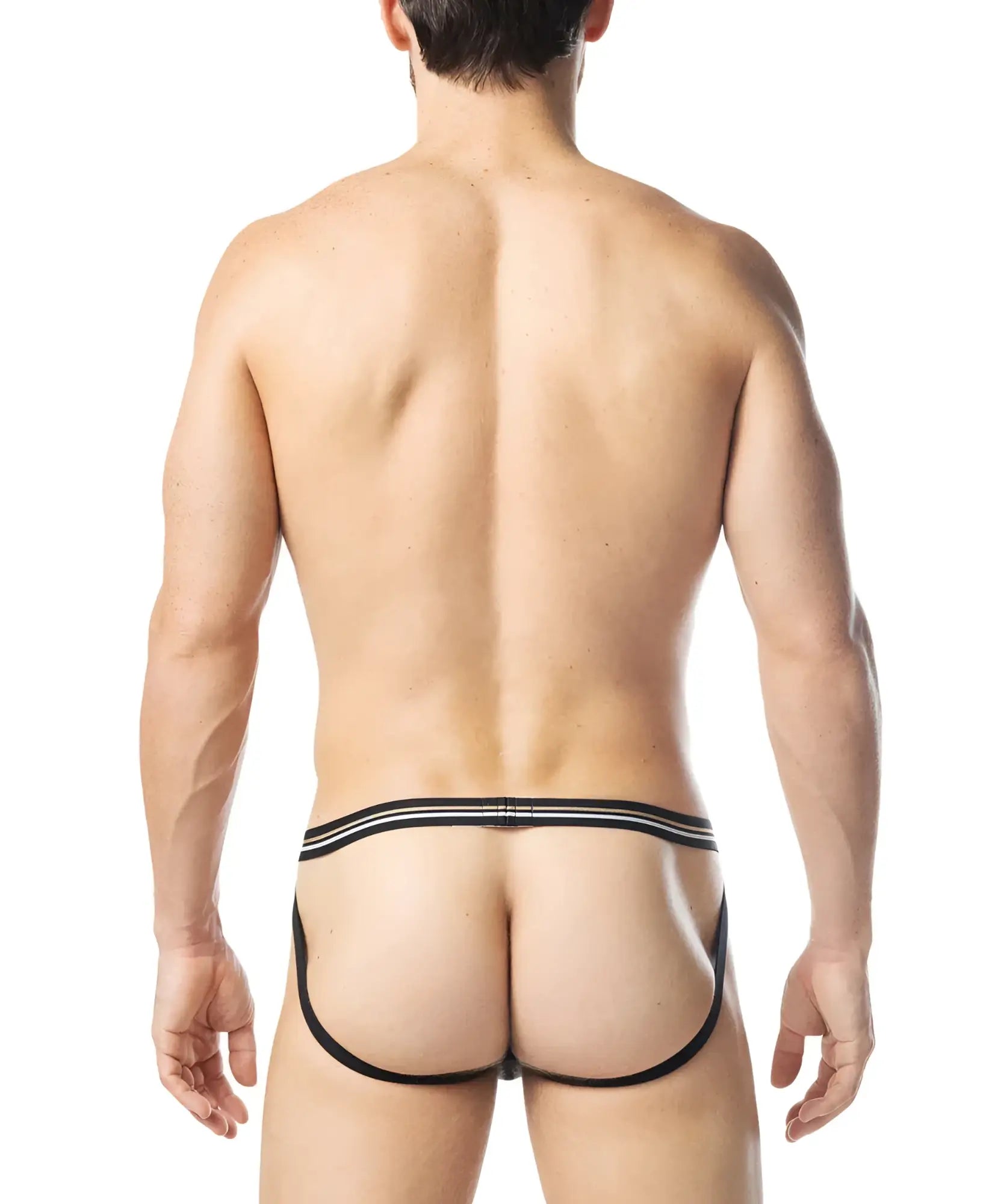 Warm up jockstrap black thong with two thin white stripes across the waistband for active support