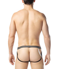 Warm up jockstrap black thong with two thin white stripes across the waistband for active support