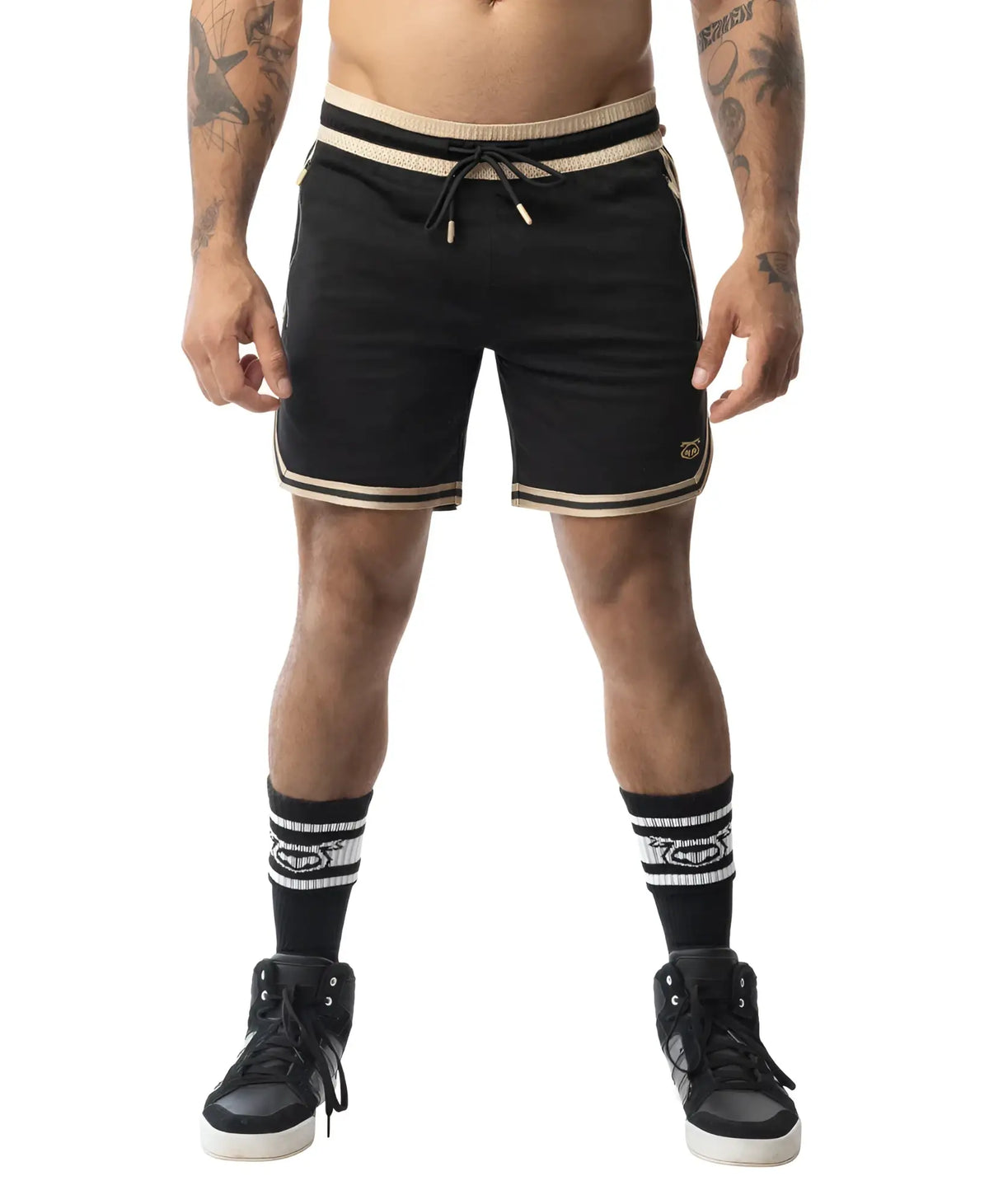 Black warm up rugby shorts with beige trim and drawstring waistband designed for athletic use