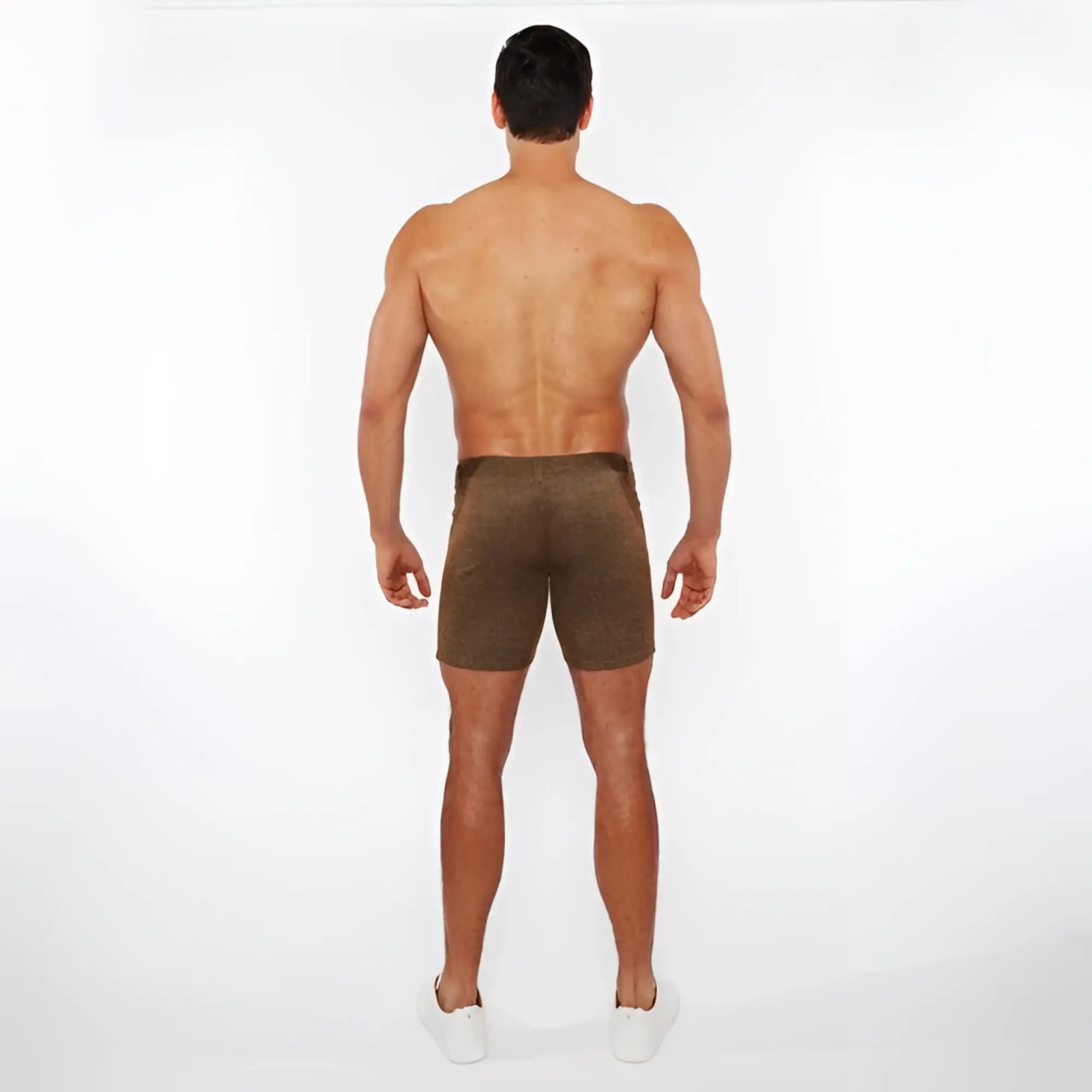 Brown washed denim stretch knit shorts with a subtle textured pattern and form fitting design