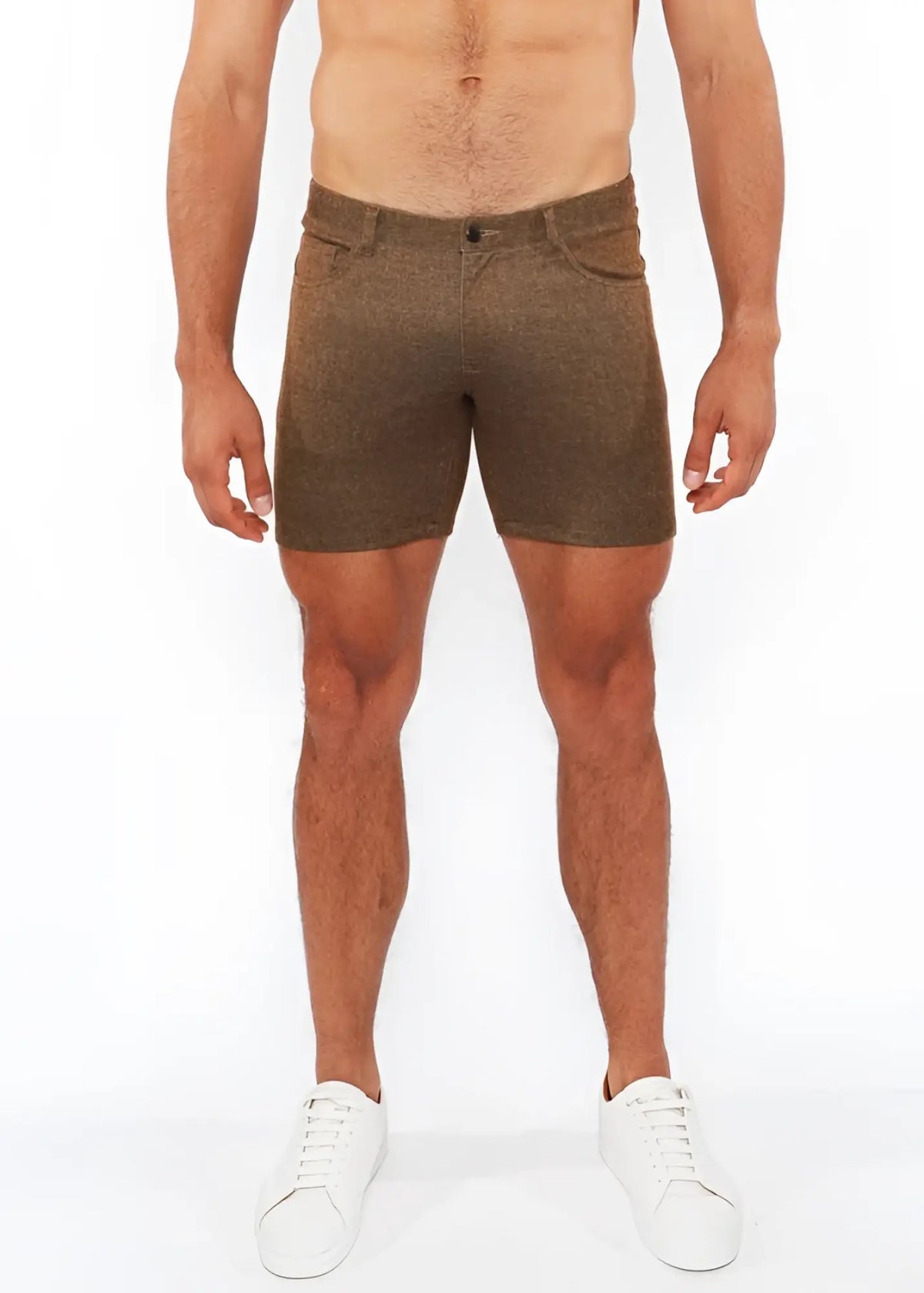 Brown washed denim stretch knit shorts with textured heathered pattern and classic five-pocket design
