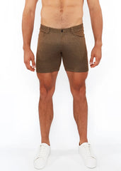 Brown washed denim stretch knit shorts with textured heathered pattern and classic five-pocket design