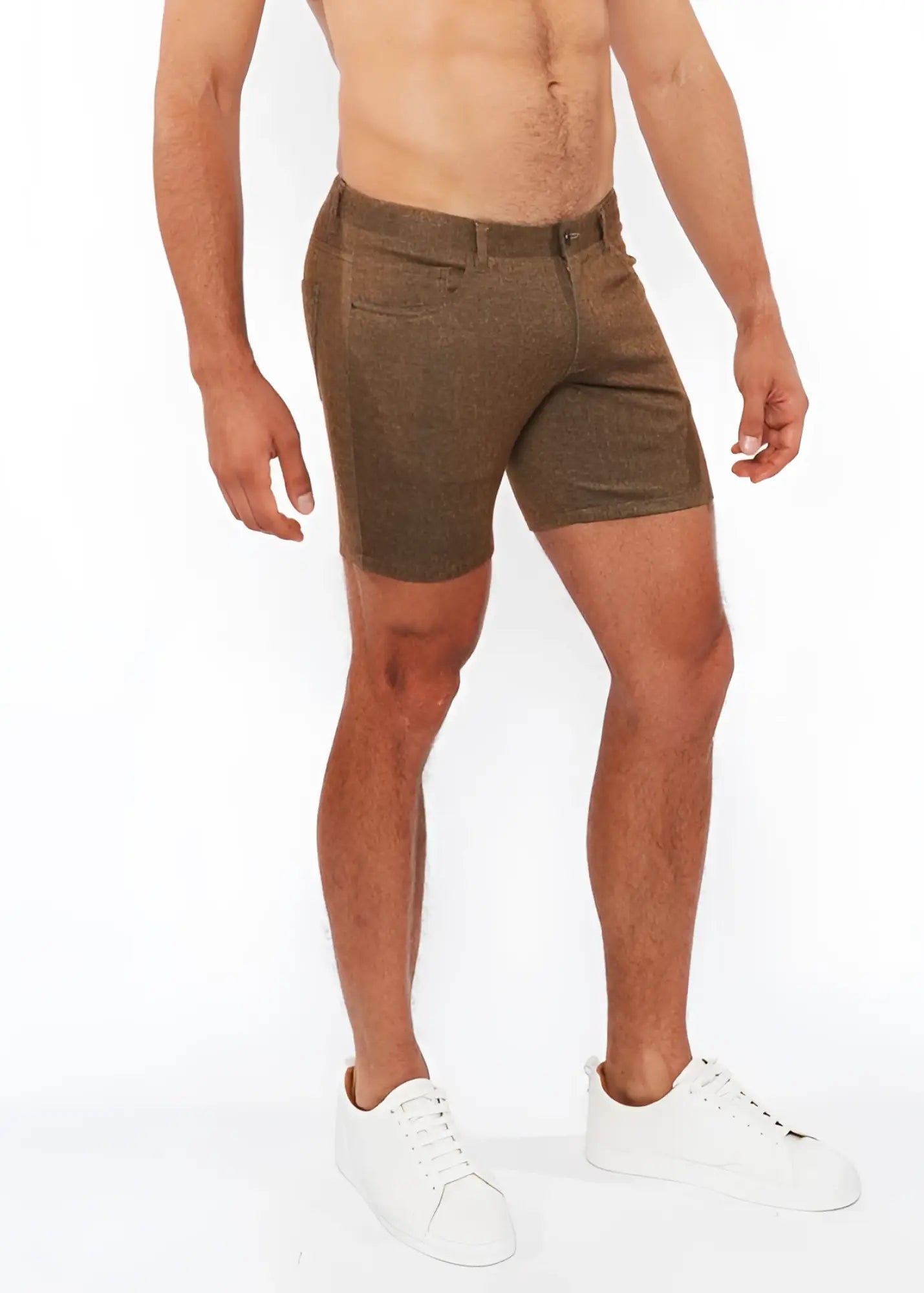 Brown washed denim stretch knit shorts with subtle texture and classic design for comfortable casual wear