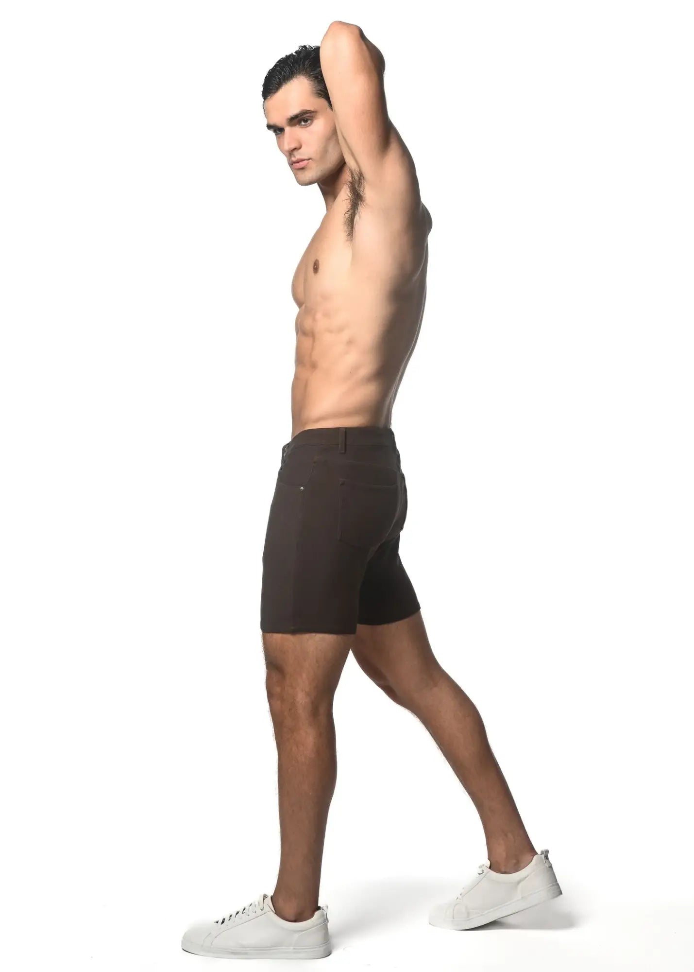 Dark brown washed denim stretch knit tailored shorts with a sleek modern design for comfortable casual wear