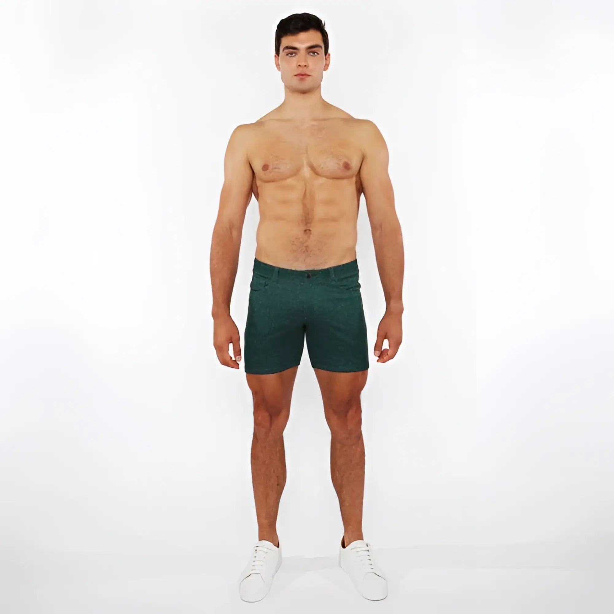 Dark green slim-fit washed denim stretch knit shorts with classic five-pocket design