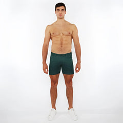 Dark green slim-fit washed denim stretch knit shorts with classic five-pocket design