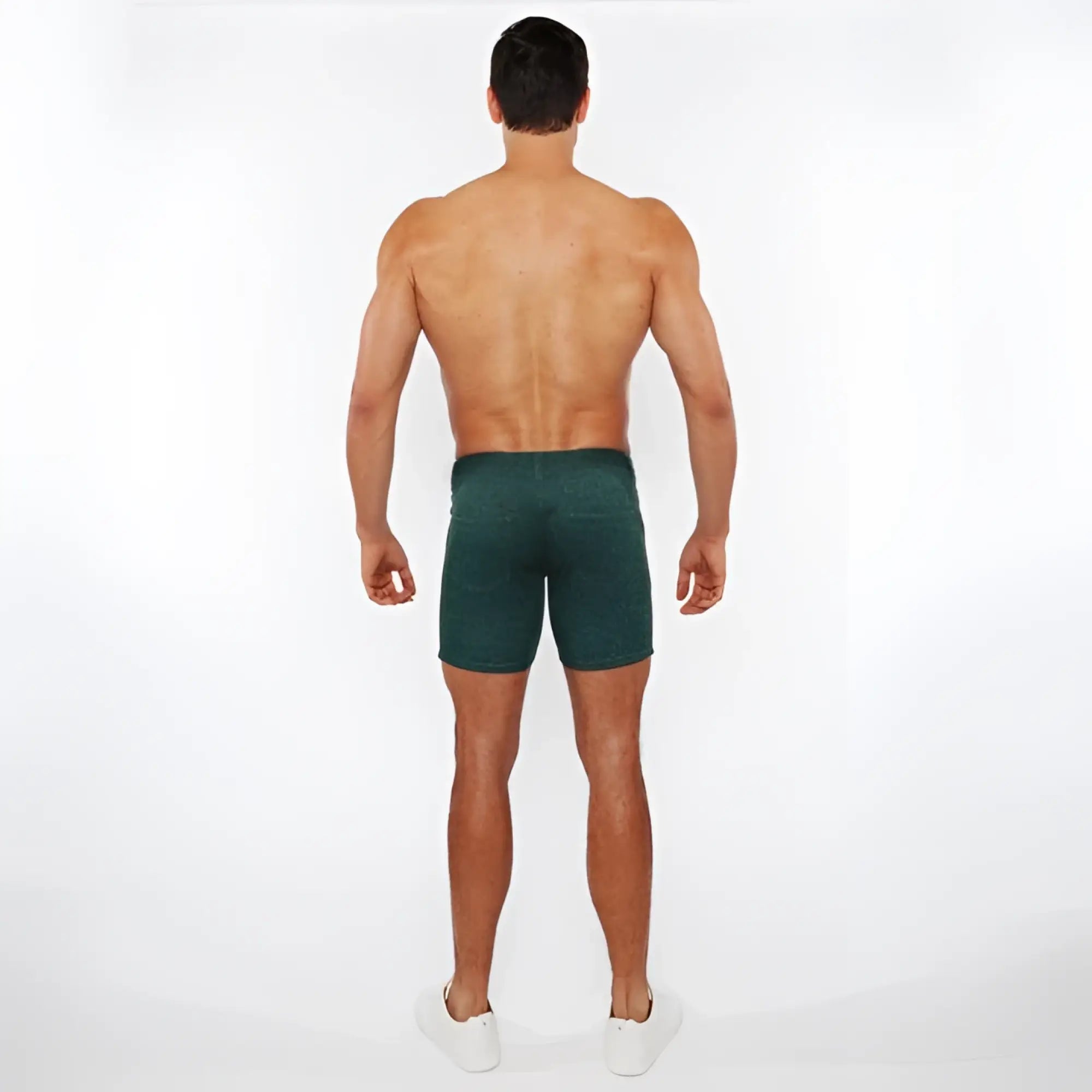 Dark green fitted washed denim stretch knit shorts with textured fabric perfect for casual wear