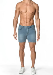 Light-wash denim stretch knit shorts with classic five-pocket design and belt loops for casual wear