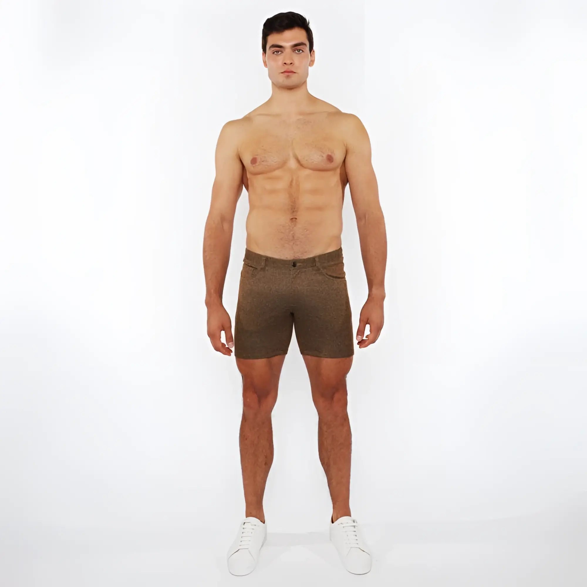 Olive green washed denim stretch knit shorts with textured fabric for comfortable casual wear